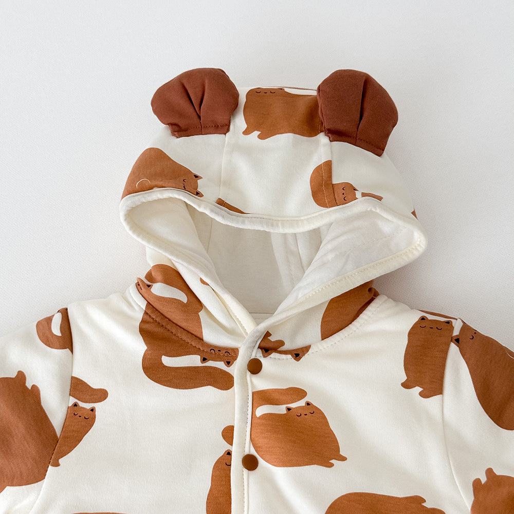 アウタージャンプスーツ 耳付きフーディ 中綿 厚手 プリント【mh0011695】