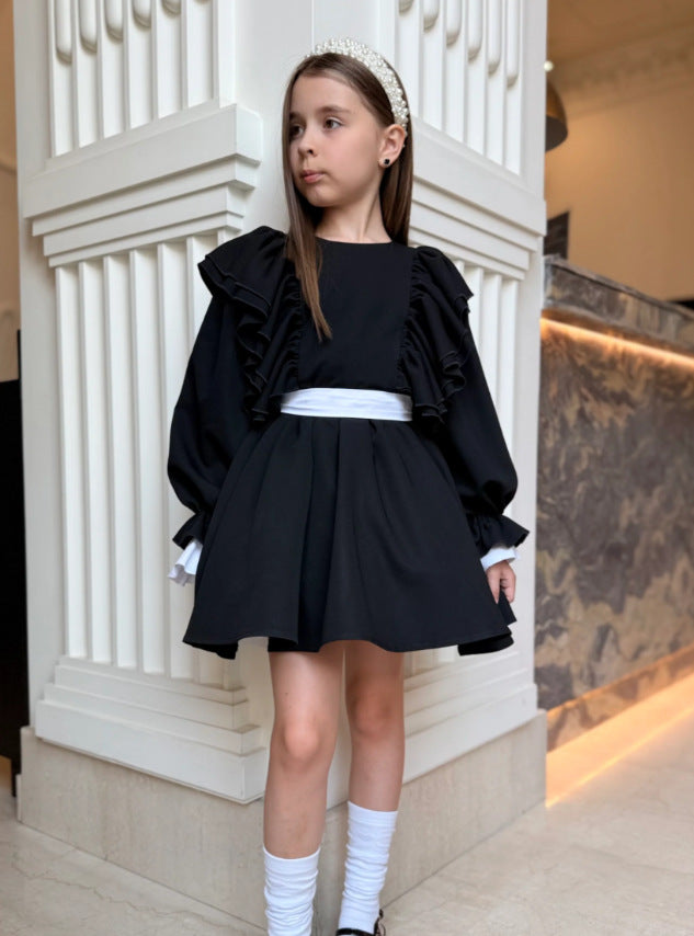 Kids' Ruffle Ribbon Long-Sleeve Dress 【mh0014738】