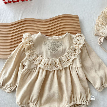 Conjunto de pelele de manga larga con gorro para bebé, con encaje, volantes y bordado 【mh0004020】
