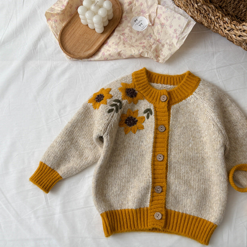 キッズ サンフラワー フラワー 刺繍 帽子付き ニット カーディガン【mh0014531】