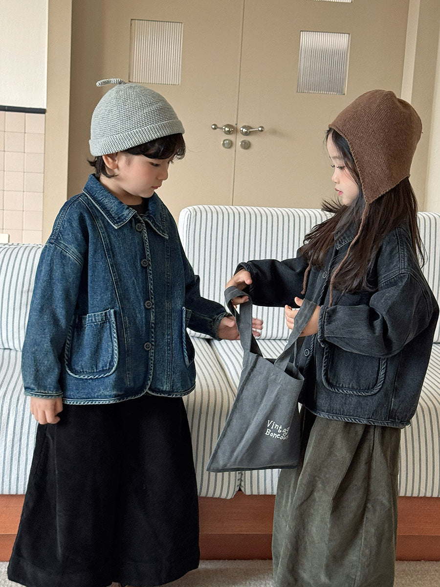 Kids' Denim Jacket with Piping and Pockets【mh0014782】