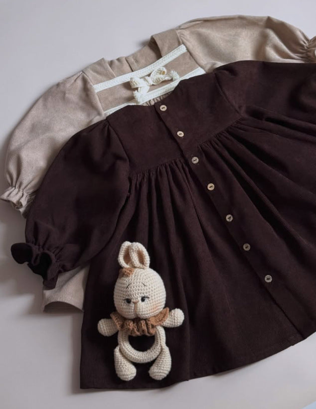 Kids' Bow Motif Corduroy Long-Sleeve Dress [mh0014737]