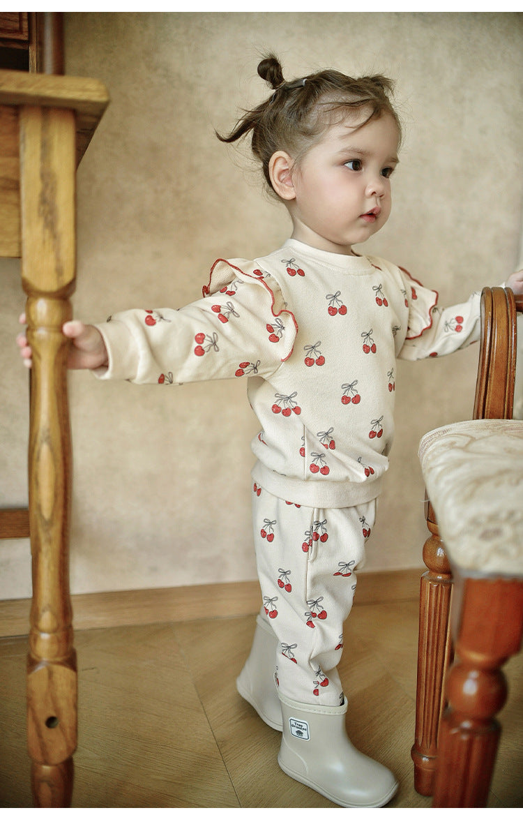 長袖セットアップ チェリープリントフリルスウェットシャツ/スウェットパンツ【mh0011723】