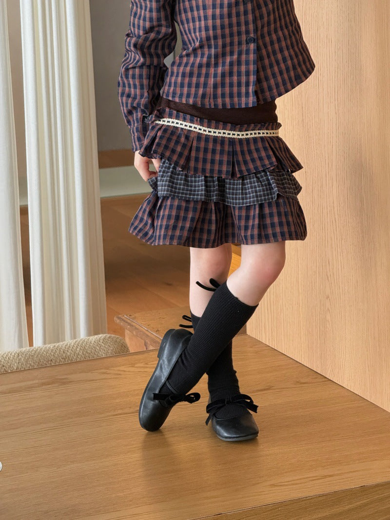 Kids' Plaid Button-Up Long-Sleeve Shirt and Colorblock Tiered Mini Skirt Set [mh0014085]