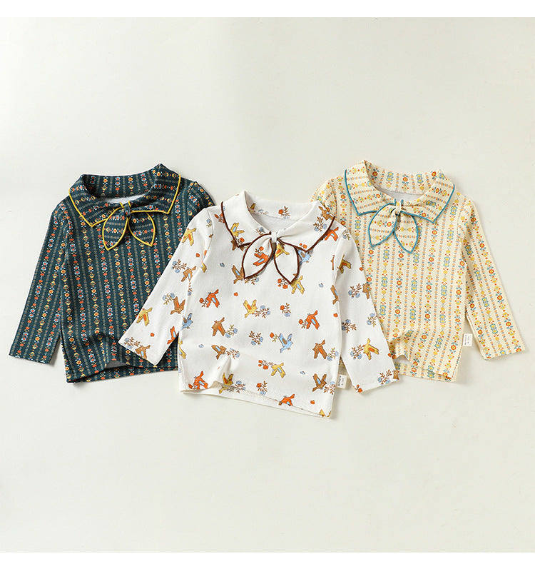 ベビー キッズ 花柄 襟付き リボンタイ ストレッチ 長袖Tシャツ【mh0014145】