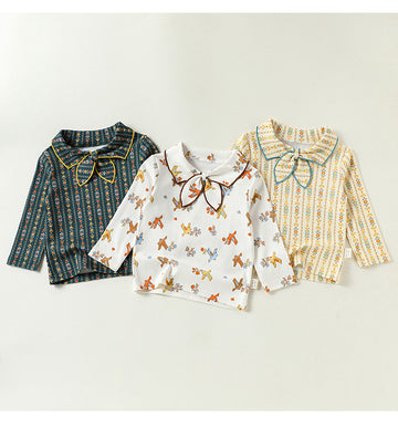 ベビー キッズ 花柄 襟付き リボンタイ ストレッチ 長袖Tシャツ【mh0014145】