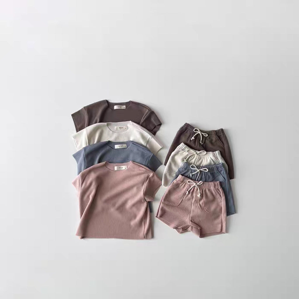 Ribbed Breathable Loungewear Solid Color Short Sleeve T-shirt and Shorts Set [mh0012905]