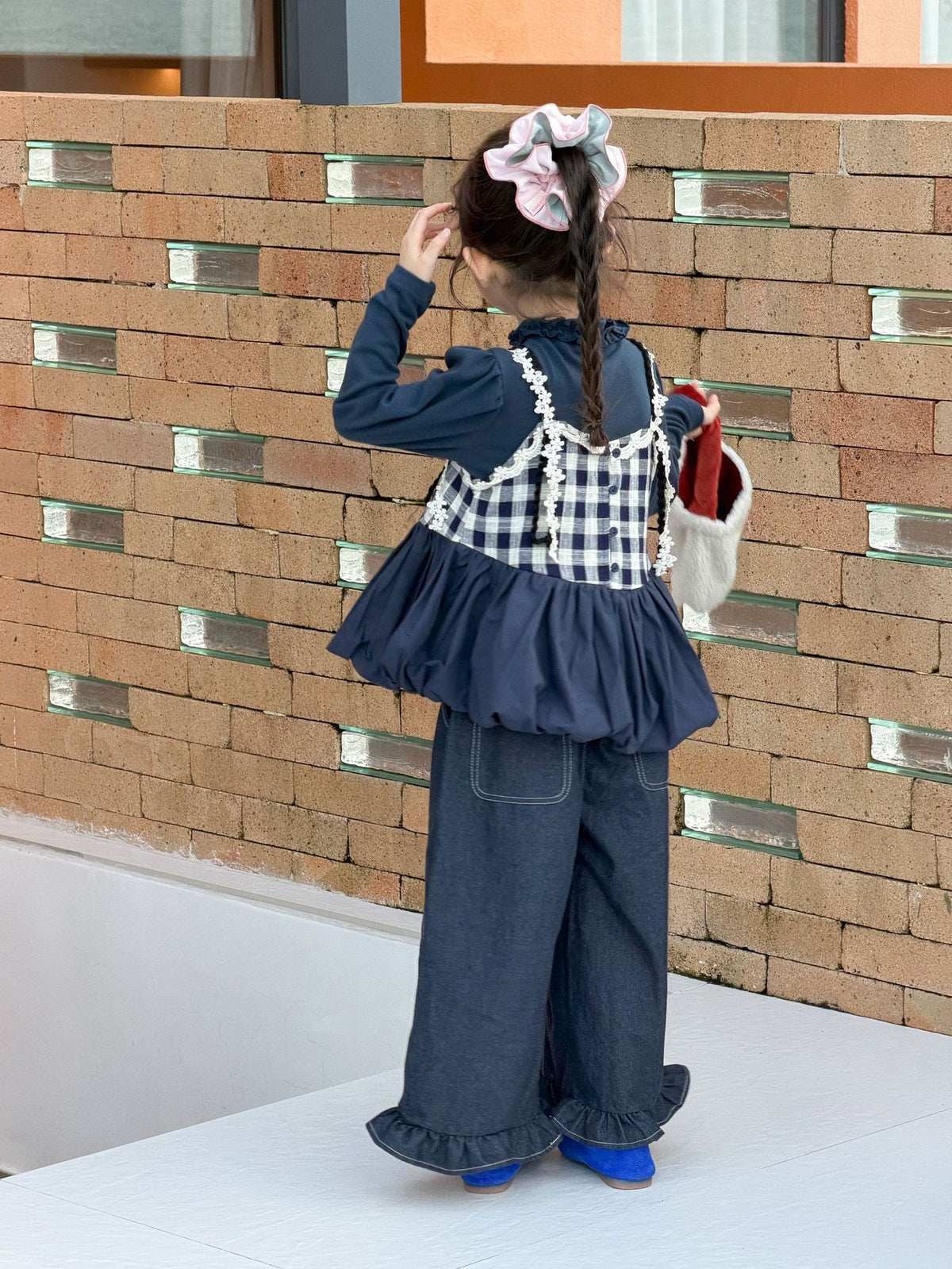 キッズ ジュニア チェック柄 キャミソール ベスト メロウ フリル 長袖Tシャツ ワイド デニムパンツ【mh0014273】