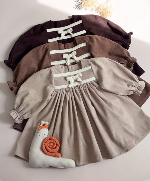 Kids' Bow Motif Corduroy Long-Sleeve Dress [mh0014737]