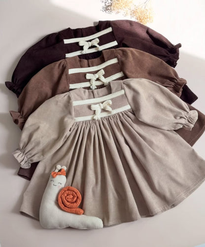 Kids' Bow Motif Corduroy Long-Sleeve Dress [mh0014737]