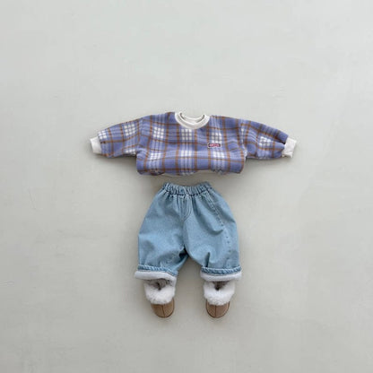 Pantalones largos de mezclilla con forro polar para bebés y niños 【mh0014653】