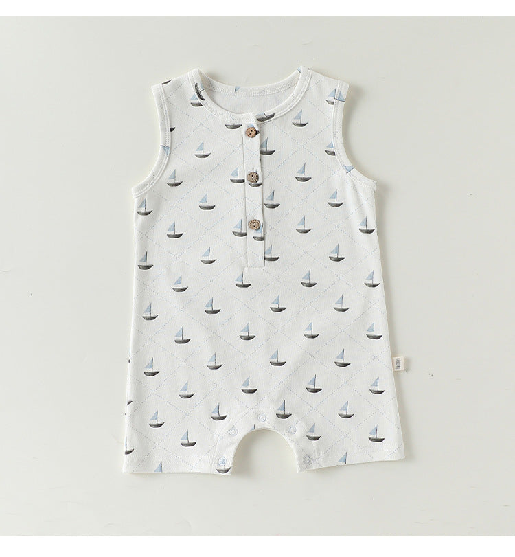 Henley Neckline Sleeveless Cotton ヨット ダイヤ ノースリーブロンパース【mh0012776】