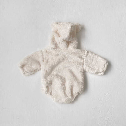 ベビー用フード付きフリースロンパース くま刺繍入り 生成り色