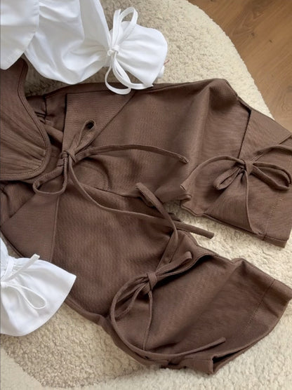 Kids' Corset-Style Puff-Sleeve Top + Ribbon Wide-Leg Long Pants Set [mh0014742]