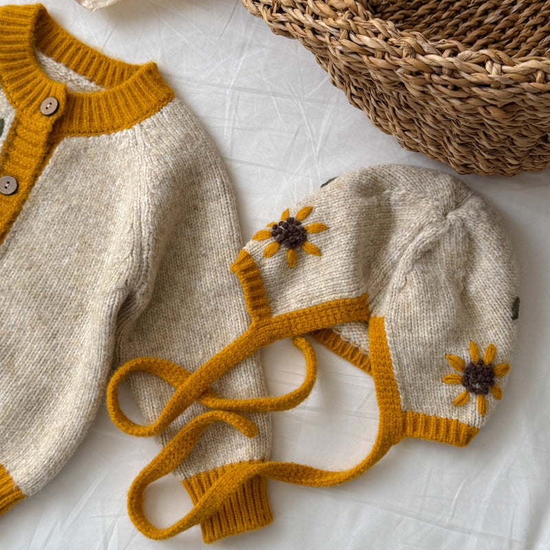 キッズ サンフラワー フラワー 刺繍 帽子付き ニット カーディガン【mh0014531】