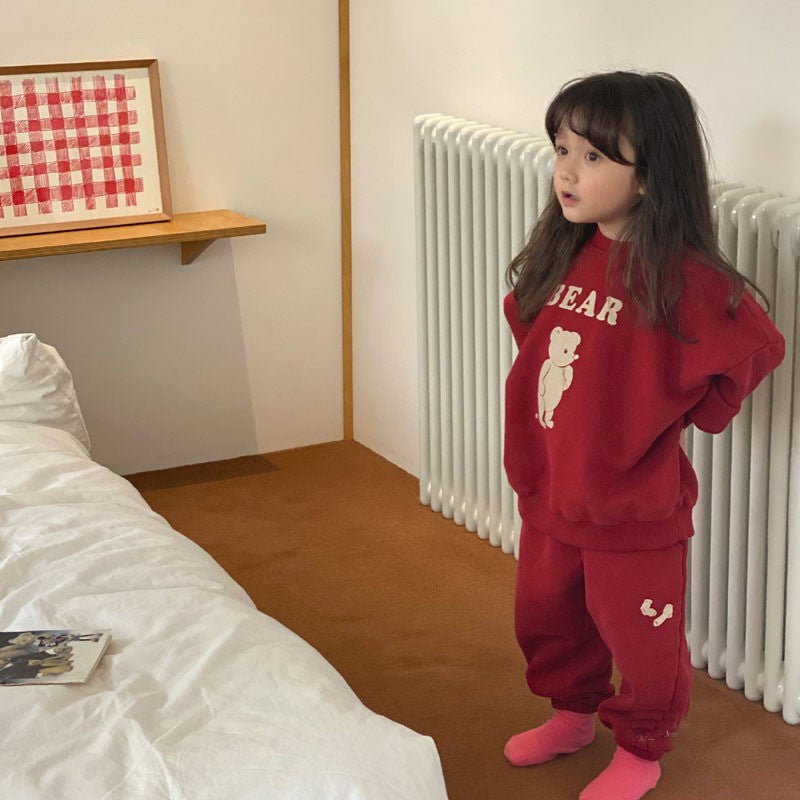 Conjunto de sudadera de manga larga con estampado de osito y pantalón largo para bebés y niños 【mh0014639】