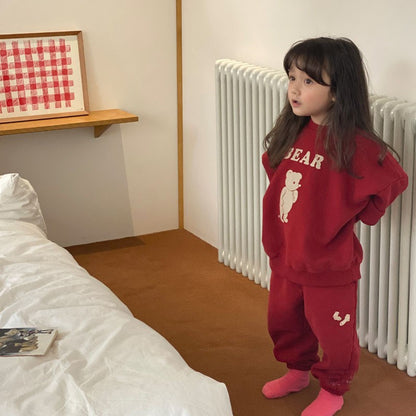 Conjunto de sudadera de manga larga con estampado de osito y pantalón largo para bebés y niños 【mh0014639】