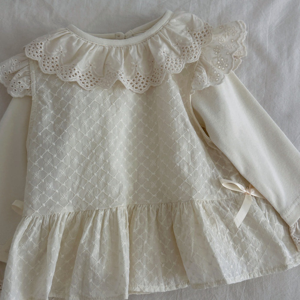 Blusa camisola con bordado de lazo y mangas con volantes para bebés y niños 【mh0014488】