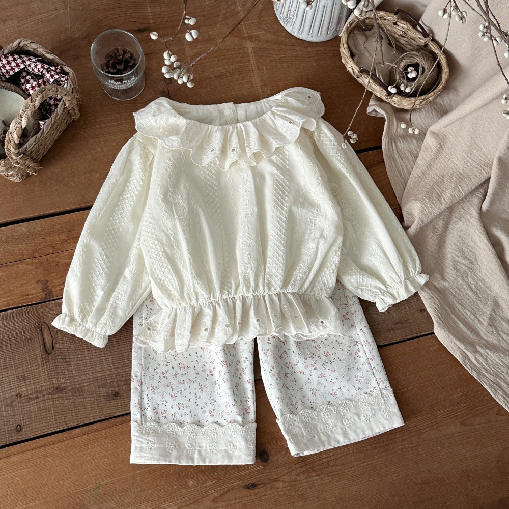 ベビー キッズ 刺繍 ラッフルカラー フリル裾 長袖ブラウス【mh0014356】