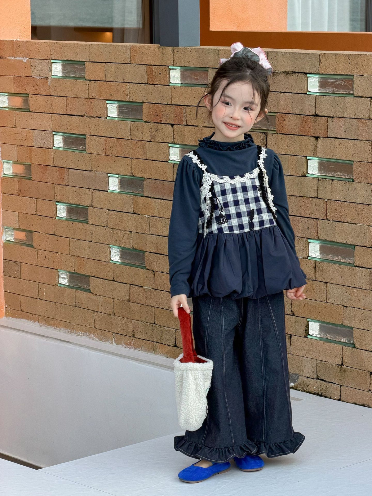 キッズ ジュニア チェック柄 キャミソール ベスト メロウ フリル 長袖Tシャツ ワイド デニムパンツ【mh0014273】