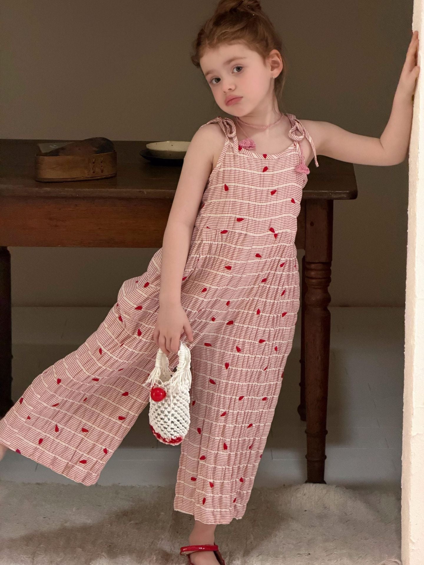 Red Stripe Heart Overalls ストライプ ハート クロップドパンツ【mh0012896】
