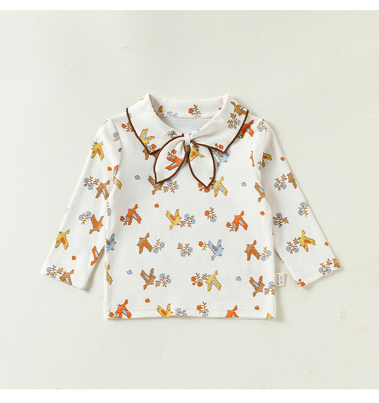 ベビー キッズ 花柄 襟付き リボンタイ ストレッチ 長袖Tシャツ【mh0014145】
