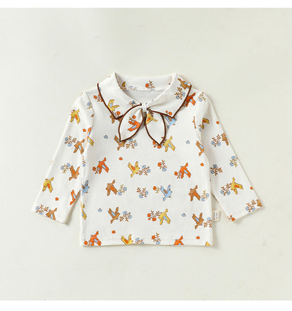 襟付きリボンタイ付き長袖Tシャツ（白系・小柄プリント）