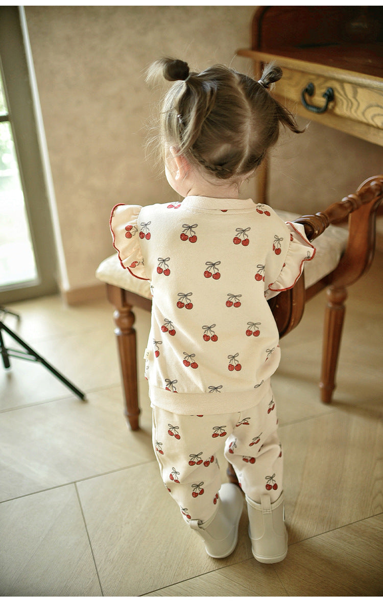 長袖セットアップ チェリープリントフリルスウェットシャツ/スウェットパンツ【mh0011723】