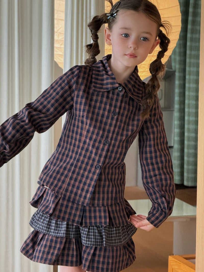 Kids' Plaid Button-Up Long-Sleeve Shirt and Colorblock Tiered Mini Skirt Set [mh0014085]