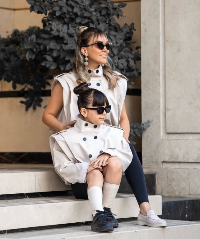 Kids' Shoulder-Pleated Stand-Collar Double-Button Jacket [mh0014740]