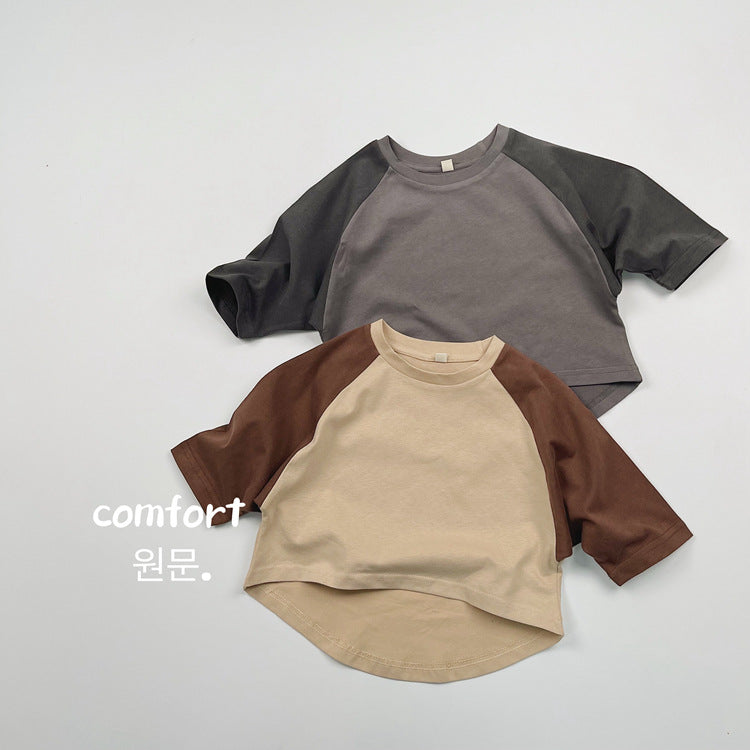 キッズ 配色 ラグラン ラウンドヘム 長袖Tシャツ【mh0014600】