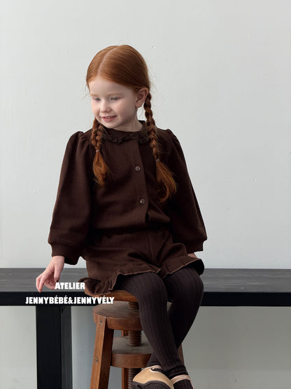 Conjunto de blusa de manga larga con cuello de volantes y mangas abullonadas con pantalón de volantes para niños 【mh0014669】