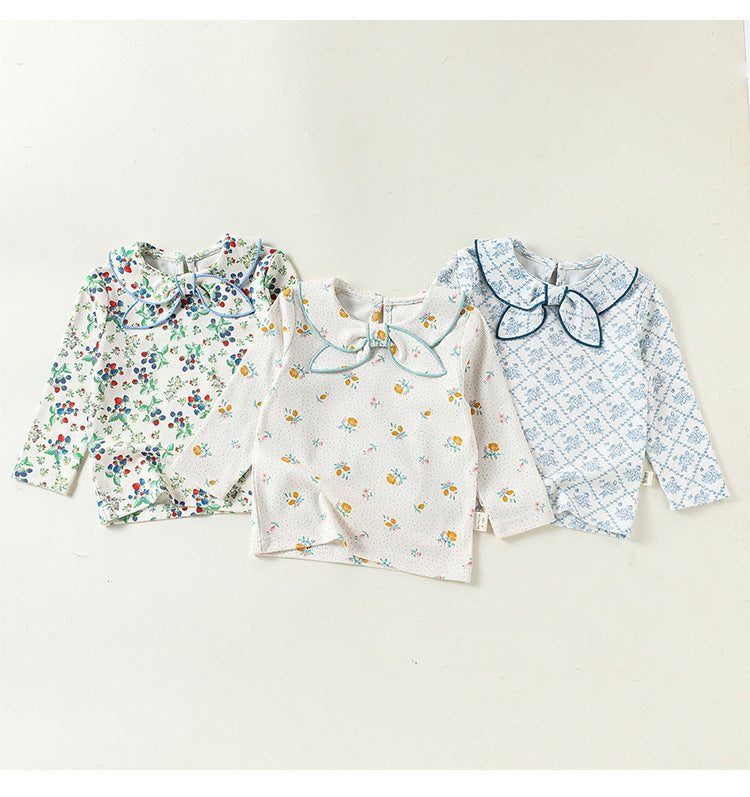 ベビー キッズ 花柄 リボン 丸襟 長袖Tシャツ【mh0014141】