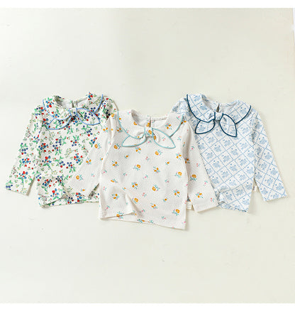 ベビー用 花柄リボン丸襟 長袖Tシャツ、3パターンの並び