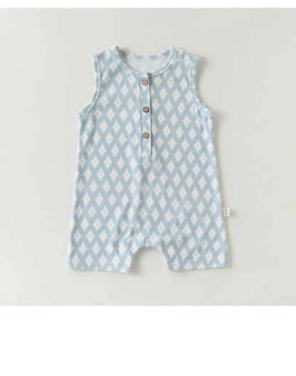 Henley Neckline Sleeveless Cotton ヨット ダイヤ ノースリーブロンパース【mh0012776】