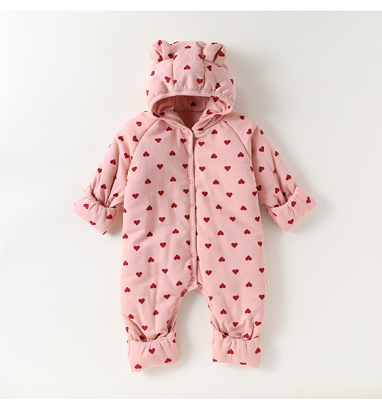 アウタージャンプスーツ 耳付き 中綿 厚手 フード付 ハートリボン【mh0011702】