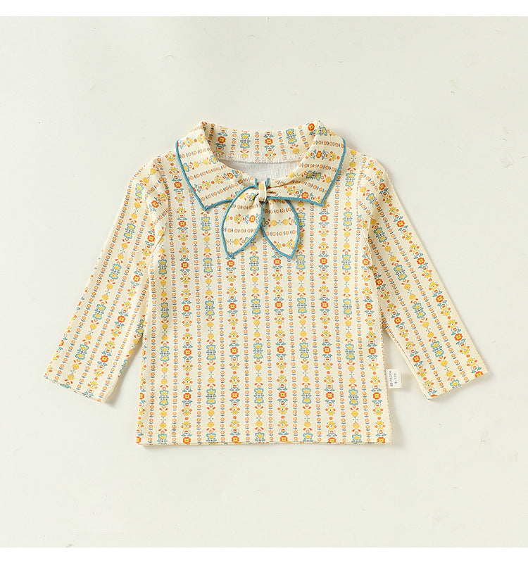 ベビー キッズ 花柄 襟付き リボンタイ ストレッチ 長袖Tシャツ【mh0014145】