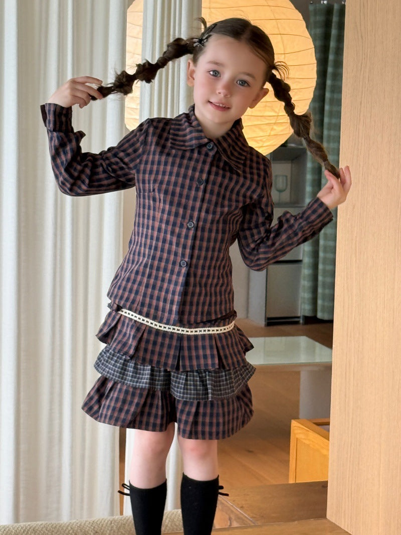 Kids' Plaid Button-Up Long-Sleeve Shirt and Colorblock Tiered Mini Skirt Set [mh0014085]