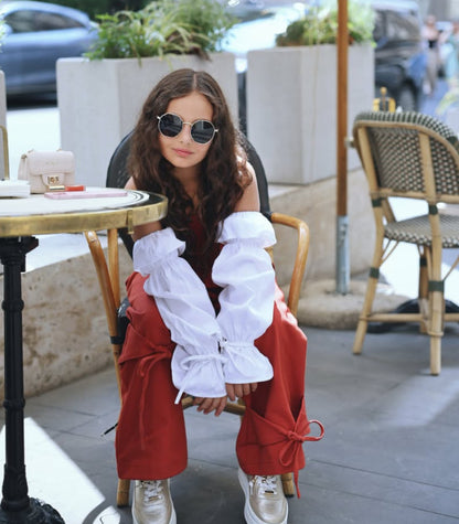 Kids' Corset-Style Puff-Sleeve Top + Ribbon Wide-Leg Long Pants Set [mh0014742]
