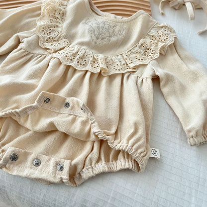Conjunto de pelele de manga larga con gorro para bebé, con encaje, volantes y bordado 【mh0004020】