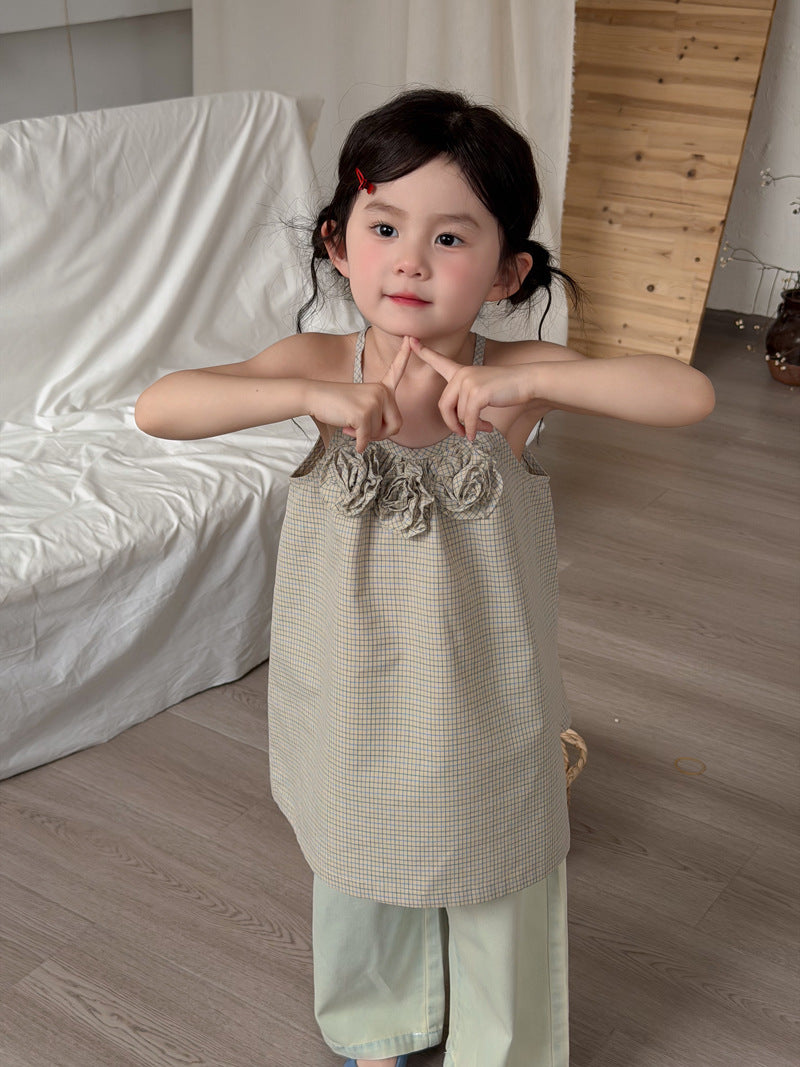 3D Flower Plaid Dress チェック キャミワンピース【mh0013116】