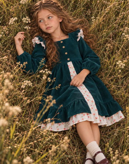 Vestido princesa lolita de pana con flores y bloques de color para niña, primavera/otoño 2027, estilo JK de dos piezas falso【mh0014745】