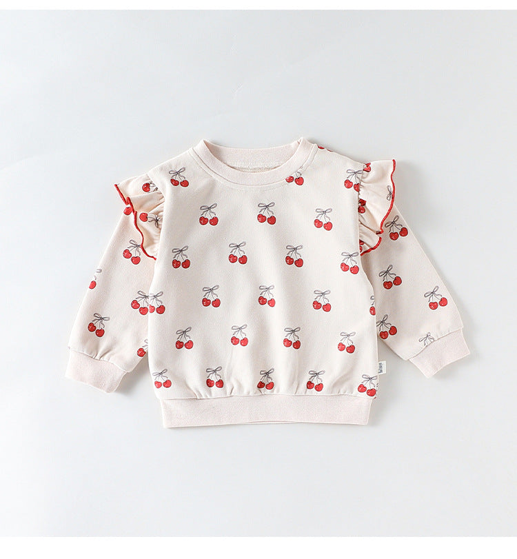 長袖セットアップ チェリープリントフリルスウェットシャツ/スウェットパンツ【mh0011723】