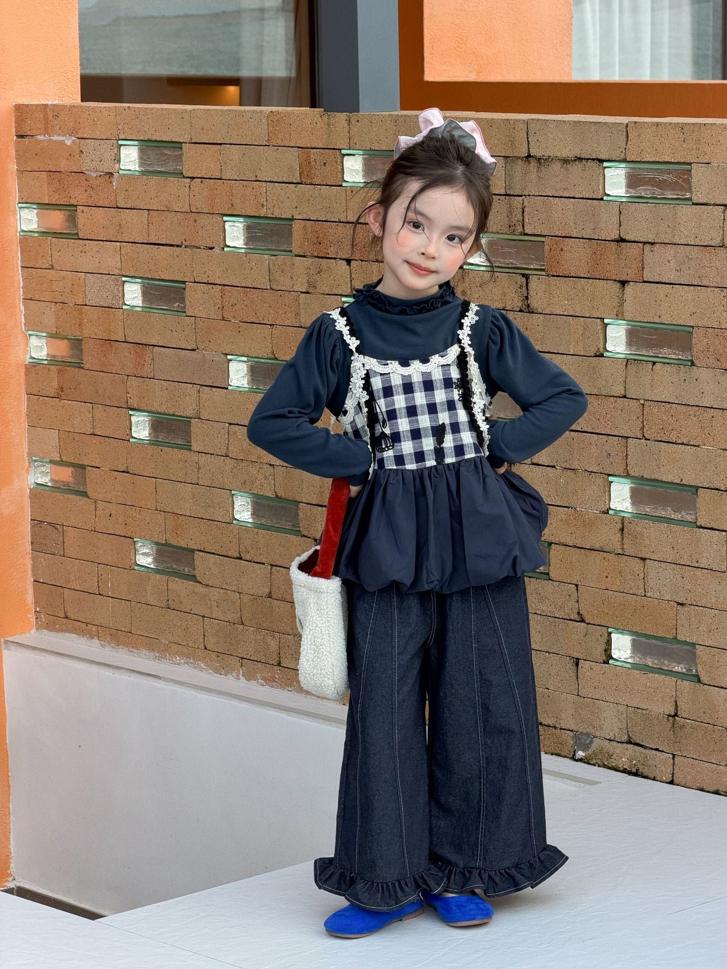 キッズ ジュニア チェック柄 キャミソール ベスト メロウ フリル 長袖Tシャツ ワイド デニムパンツ【mh0014273】