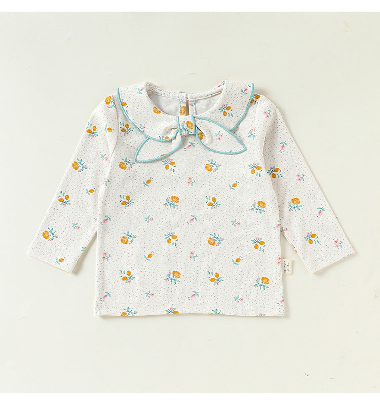 ベビー キッズ 花柄 リボン 丸襟 長袖Tシャツ【mh0014141】