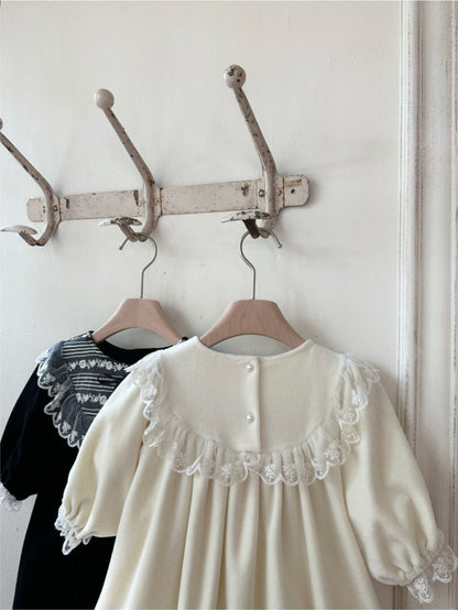 長袖ワンピース ベロア レースリボン パフスリーブ ドレス フォーマル【mh0011636】