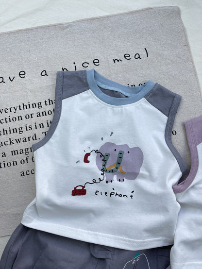 Elephant Graphic Vest Set ゾウ イラスト ノースリーブセット【mh0012916】