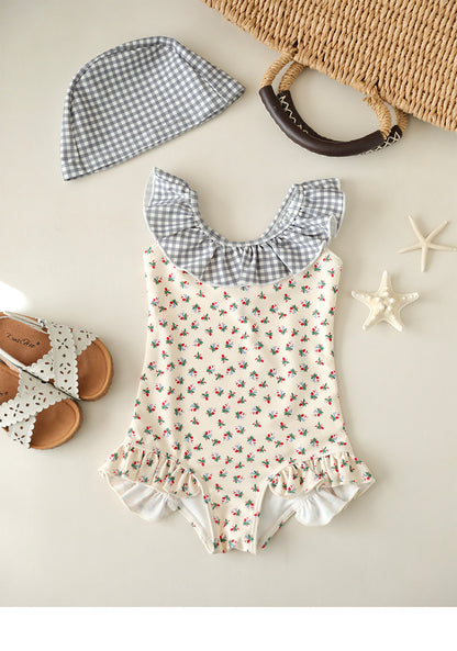 UPF50 Plus Floral Gingham Ruffled One-piece 花柄 ギンガムチェック 水着【mh0012599】