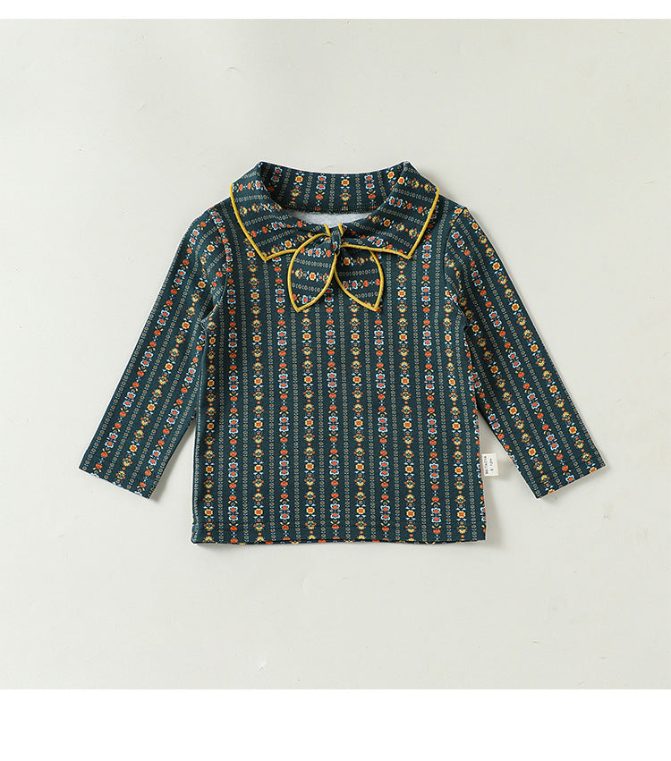 ベビー キッズ 花柄 襟付き リボンタイ ストレッチ 長袖Tシャツ【mh0014145】