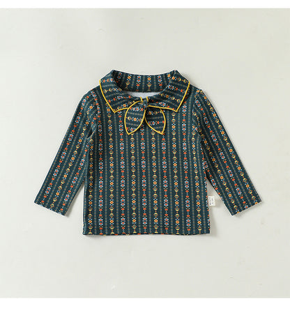 襟付きリボンタイ付き長袖Tシャツ（紺系・小柄プリント）